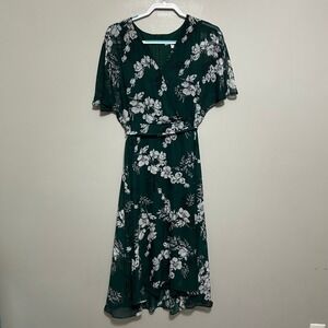 Sandra Darren Dress 16 Green White Floral Midi Short Sleeve Ethereal Sheer Flaw